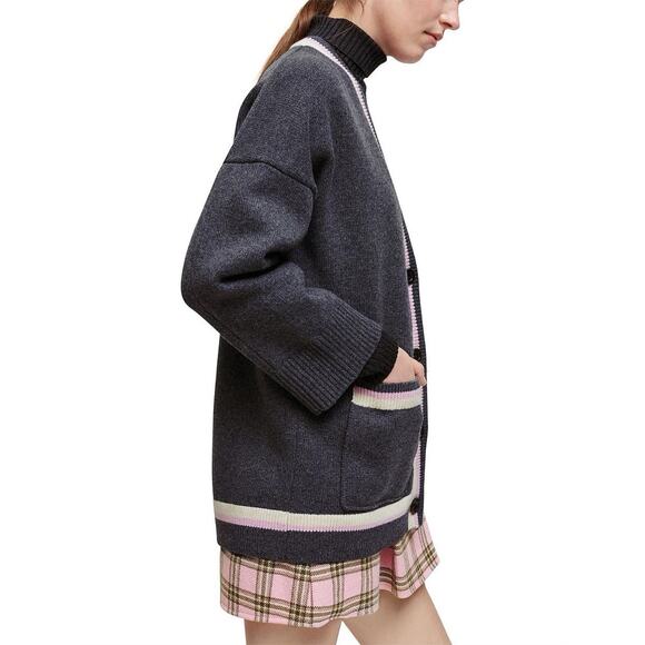 Maje Wool Varsity Cardigan Button Up Collegiate |Sz 1 US Small Grey Pink Preppy - Picture 15 of 15